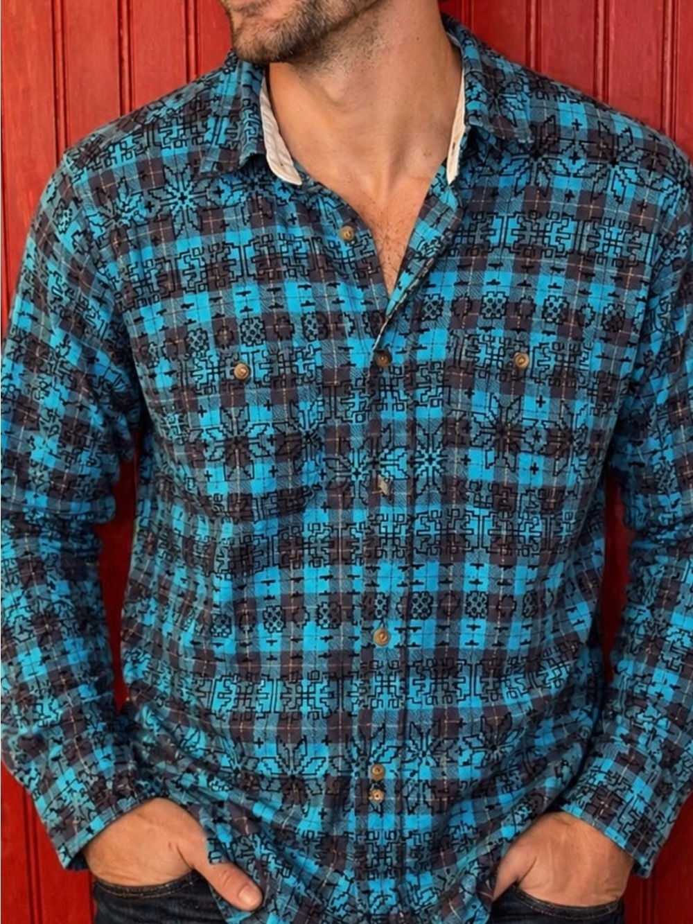 Aeropostale Turquoise and Black Geometric Button-Up Shirt